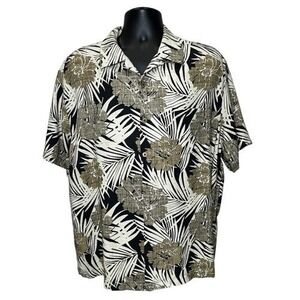 Caribbean Pure Silk Men's Shirt Short‎ Sleeve Tropical Print Black Tan Cream XL